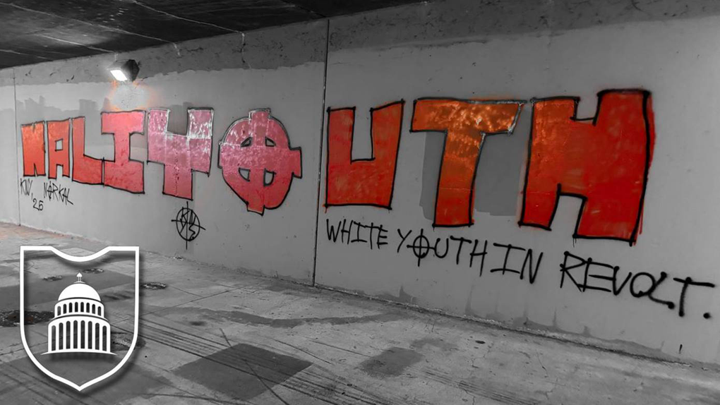 Kali Youth tags, likely in Sacramento, containing white supremacist symbols and the group’s name, along with “white youth in revolt.”
